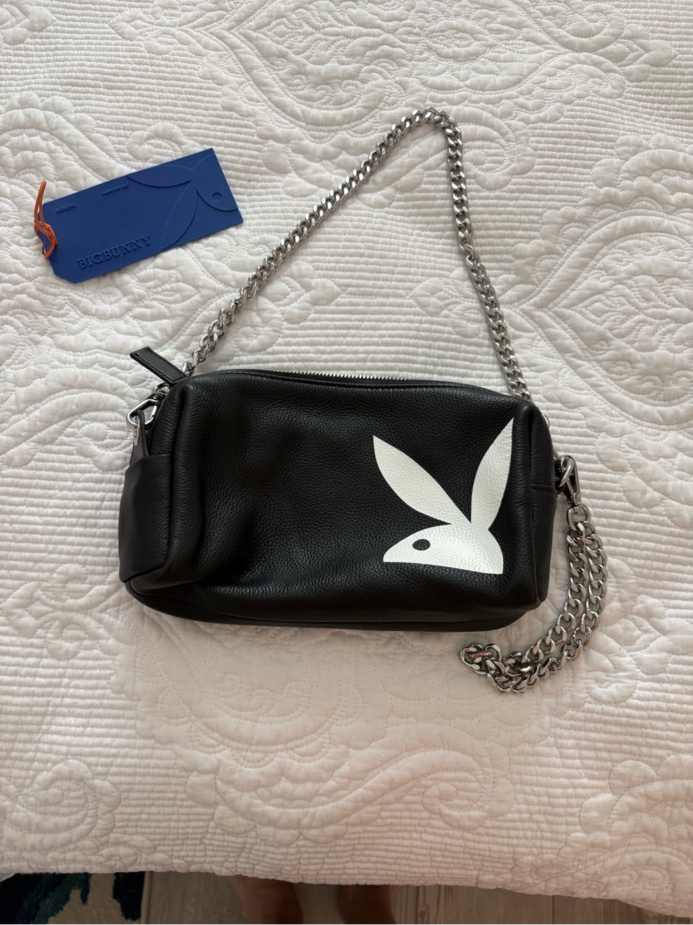 PLAYBOY/BIGBUNNY Black Leather Crossbody with Bunny Print & Silver Chains NWOT